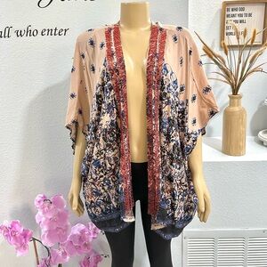 Anthropologie Beautiful Stories Astor Beaded Floral Kimono in Pink Rose OS Gypsy